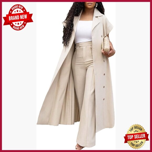 Women's Pleated Cardigan Wide Leg Pant Set Business Casual Polyester Spandex